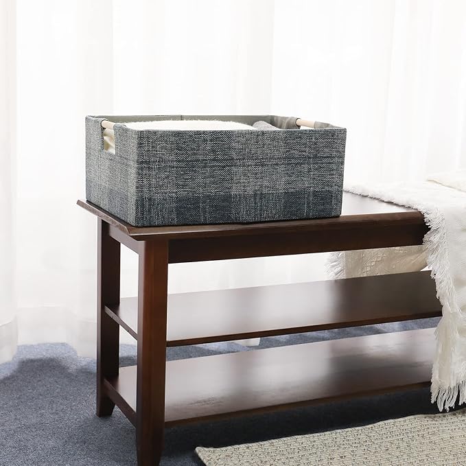 Fabric Storage Bin Box Collapsible Cotton Linen Storage Cube with Wooden Handles Rectangular Decorative Home Organizer Clothes Blanket Basket– Dark Gray Plaid, Medium