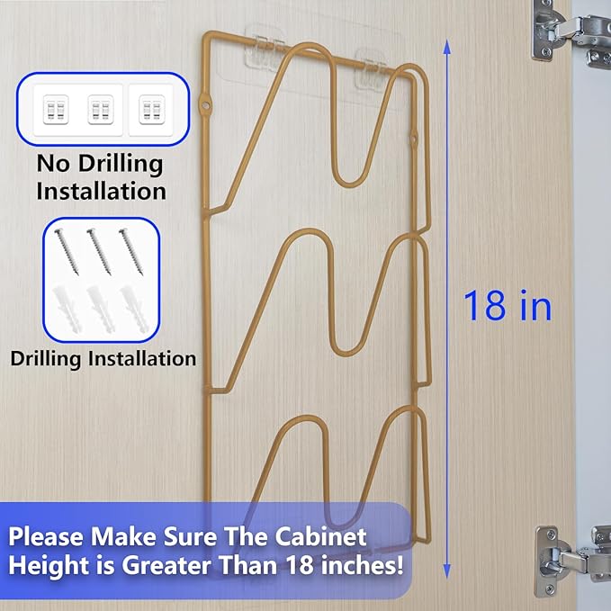 2 Pack Pot Lid Organizer Rack, 6 Tier Hanging Pot Lids Holder Inside Cabinet Door, No Drilling Adhesive Wall Mounted Pan Lid Organizer, Kitchen Cooking Lid Storage Rack for Cupboard (Gold)