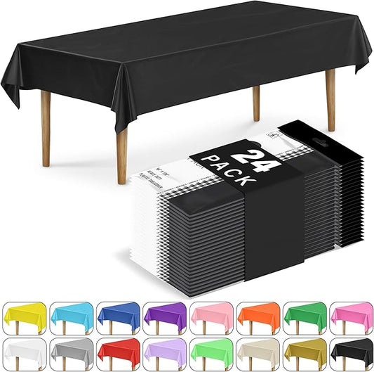 DecorRack 24 Pack Rectangular Tablecloths BPA-Free Plastic, 54 x 108 inch, Dining Table Cover Cloth for Parties, Picnic, Camping and Outdoor, Disposable or Reusable in Black (24 Pack)