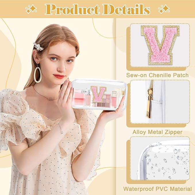 Personalized Initial Letter Clear Makeup Bag, Preppy Small Nylon & PVC Cosmetic Zipper Bag with Chenille Letter, Travel Skincare Toiletry Bag, Monogram Christmas Gift for Teen Girls Women, V