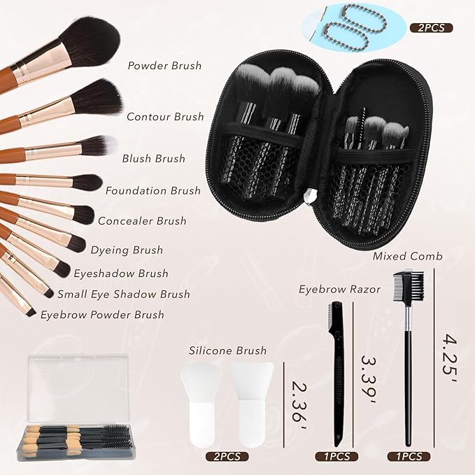 Travel Makeup Brush Set, 77Pcs Mini Makeup Kit Synthetic Foundation Concealers Eye Shadows Brushes Powder Puff with Eyelash Curler Eyebrow Razor Comb Mirror Hair Clips Cosmetic Bag (Brown)
