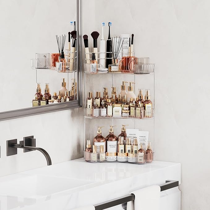 3-Tier Corner Bathroom Counter Organizer with Top Toothbrush Holders,Large Makeup Organizer Countertop with Brush Holder,Skincare Organizers Corner,Exquisite Vanity Organizer (Clear, 3 Tier)