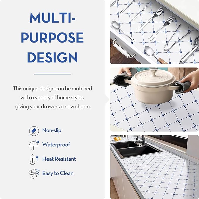 Drawer Shelf and Cabinet Liner, Thick Strong Grip,Shelf Liners Non-Adhesive Liners Protect Kitchen Cabinets and Cupboard, Bathroom Drawers,Under Sink Mat, 17.5IN X 30FT, Blue Stripe