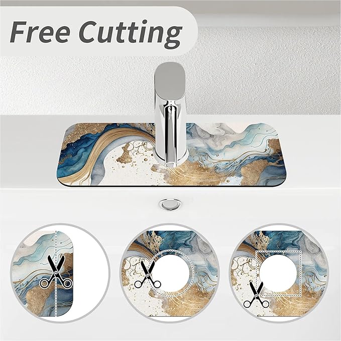 Kitchen Sink Splash Guard, Natural blue and gold marble Faucet Mat Sink Gadgets-Super Absorbent Fast Drying Mat Drip Catcher for Kitchen, Bathroom, Sink Mat, Dish Drying Mat, Bathroom (15" X 5.5")