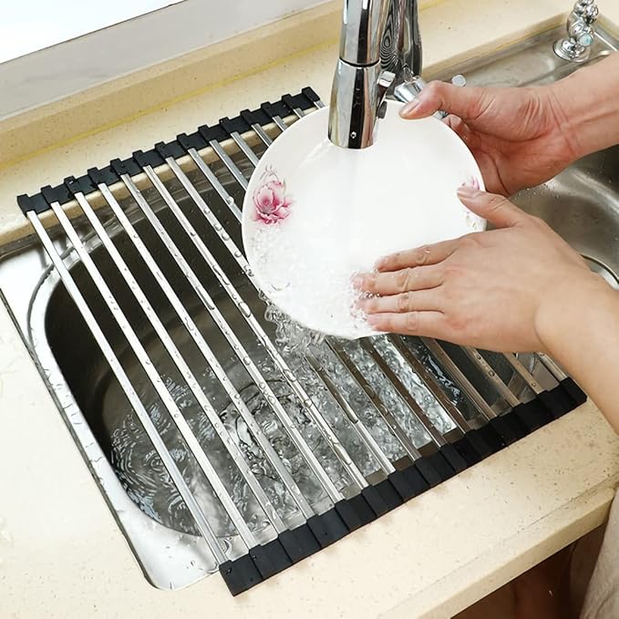 Ahyuan Roll up Dish Drying Rack Over The Sink Dish Drying Rack Square Tubes Dish Rack Over Sink Dish Racks for Kitchen Counter RV Camper Accessories for Travel Trailers (Black, 17.8''Wx13.4''L)