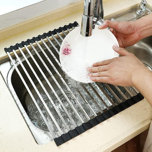 Ahyuan Roll up Dish Drying Rack Over The Sink Dish Drying Rack Square Tubes Dish Rack Over Sink Dish Racks for Kitchen Counter RV Camper Accessories for Travel Trailers (Black, 17.8''Wx13.4''L)