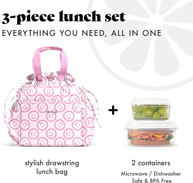 Fit & Fresh Cromwell Drawstring Lunch Bag for Women, Complete Lunch Set with 2 Containers, Stain-Resistant, Leak-Resistant, Back to School Essential, Teacher Lunchbox, All Smiles Pink