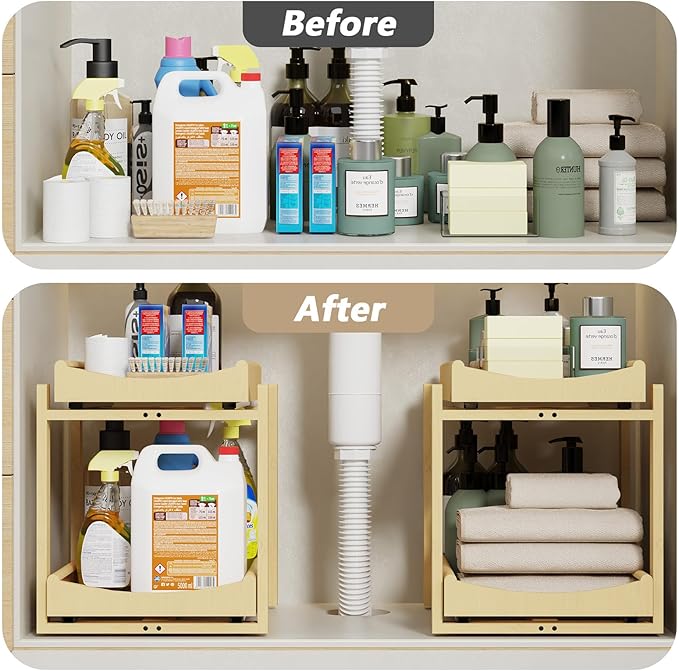Wisuce Essentials Bamboo Under Sink Organizer Adjustable Height 2 Tier Bathroom Organizer Pull Out Cabinet Storage Kitchen Heavy Duty Wood Slide Out Shelf for Kitchen Bathroom (Nature, 2 Packs)