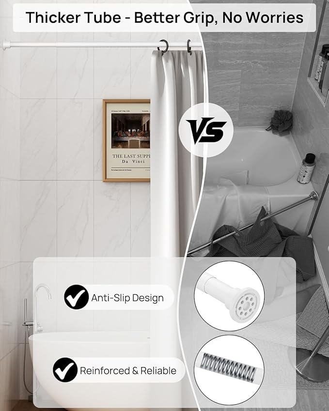 ALLZONE Shower Curtain Rod Tension No Drill, 42-83 Inches, Heavy Duty Tension Curtain Rod, Rustproof Shower Rods for Bathroom, Adjustable Spring Tension Rods for Windows, White