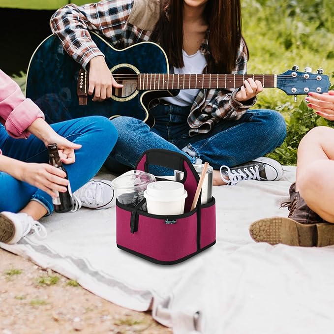 Beautyflier Reusable Insulated Coffee Cup Carrier, Portable Drink Holder with Handle Organizer Tote Bag for Hot & Cold Drinks (Wine Red)