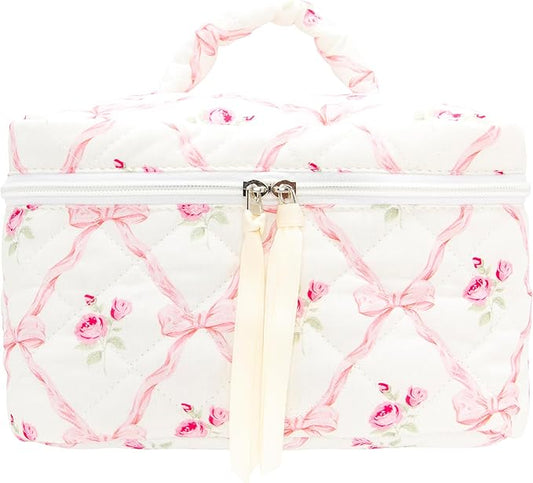 PAZIMIIK Quilted Makeup Bag Large Travel Zipper Soft Cosmetic Case for Women Girls Make Up, Bow Rose