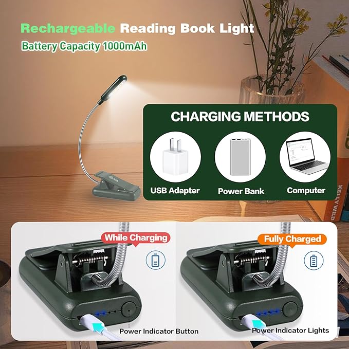 VAVOFO Rechargeable Book Light for Reading in Bed Kids, 7 LED Reading Light with 9-Level Warm Cool White Daylight, Eye Care Lamp with Power Indicator for Bookworms (Garden Green)