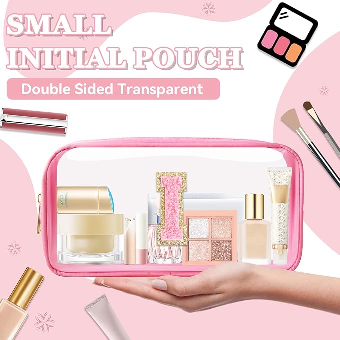 Small Clear Personalized Initial Makeup Bag,Nylon Preppy A-Z Chenille Letter Patch Cosmetic Pouch Beach Toiletry Bag,Waterproof Zipper Travel Purse Storage Bag Organizer for Women Girls(Pink-Pink I)