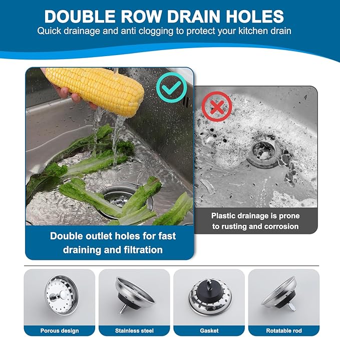 ZM Kitchen Sink Stainless Steel Basket Strainer with Drain Assembly, 3-1/2 Inch Sink Drain Stopper Plug