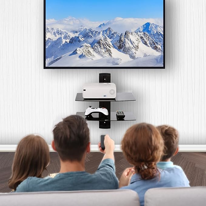 WALI Floating TV Shelf, 2 Tier Glass Projector Shelf for DVD Players, Routers, Game Consoles, Cable Boxes, Living Room Decor, Wall Mount Shelves Hold Up to 17.6lbs (CS202B), 2-Shelf, Black