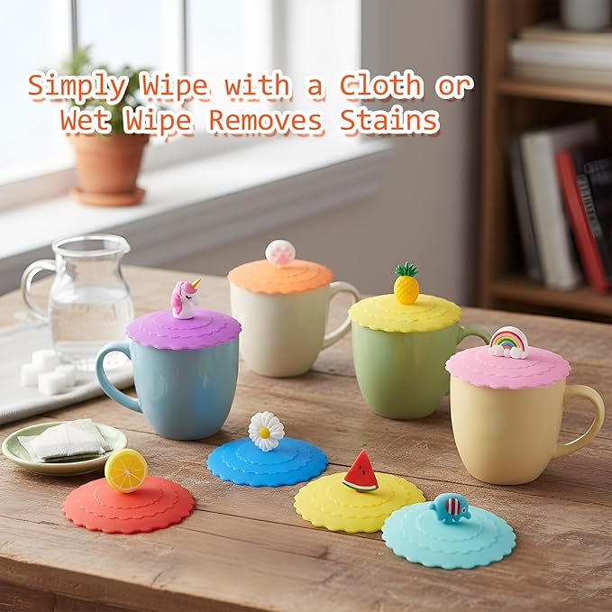 8PCS Silicone Cup Lids Mug Cover, Colorful Food Grade Anti-dust Airtight Seal Lids with Fun Handle Design, Reusable Cute Silicone Cup Covers for Tea Cups Coffee Cups (Style 1)