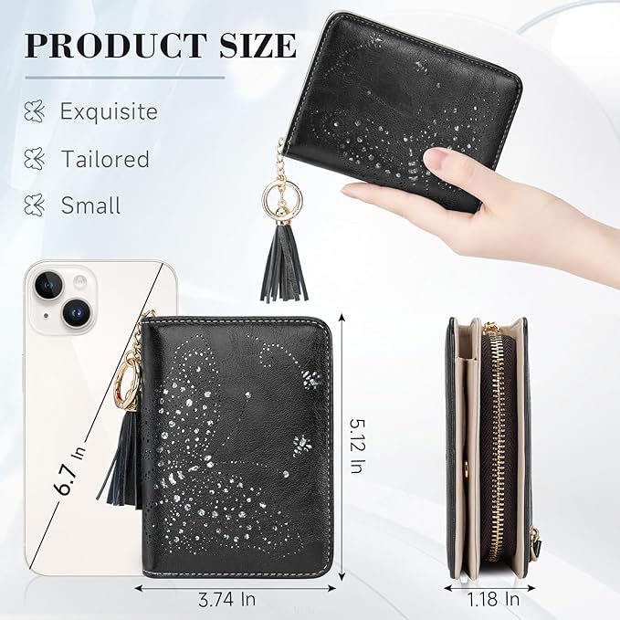 Women RFID Blocking Small Bifold Wallet, Compact Cash Clutch with Zipper Coin Pocket, Glittery Butterfly Design, Credit Card Holder, Travel Purse with Tassel BLACK