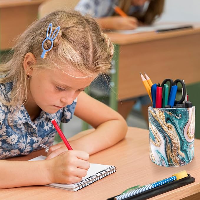 WAVEYU Pen Holder for Women Girls, Pencil Cup Marble Desk Decor, Makeup Brush Holder Large Pu Leather Multi-Functional Organizer Cup for Office, Classroom, Home, Green+Gold