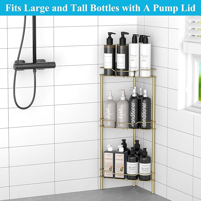 3 Tier Floor Standing Corner Shower Caddy Organizer Shelf with Hooks, Bathroom Shelves Stand Rack, Gold