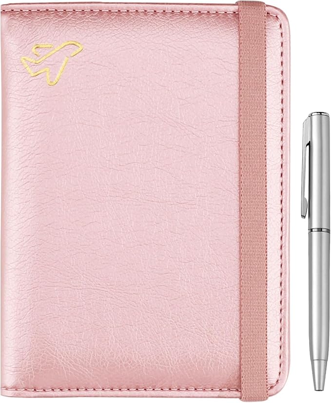 WALNEW Passport Holder for Travel, RFID Passport Cover Wallet for Women Men, PU Leather Passport Book Card Holder Case with Pen (Elastic Band Closure, C-Rosegold)
