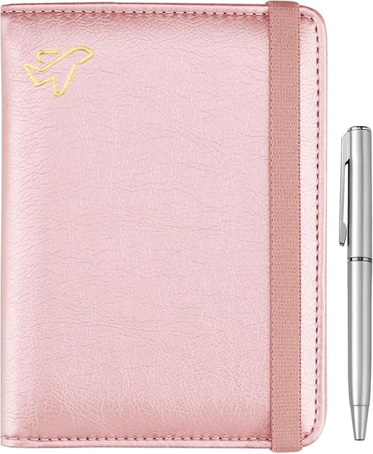 WALNEW Passport Holder for Travel, RFID Passport Cover Wallet for Women Men, PU Leather Passport Book Card Holder Case with Pen (Elastic Band Closure, C-Rosegold)