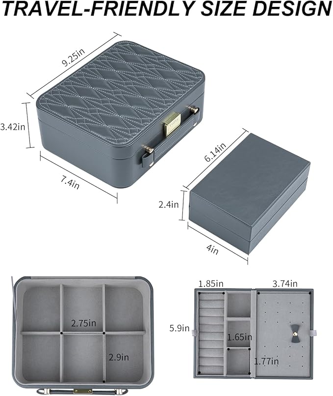 Travel Jewelry Case Large, Jewelry Box Large Jewelry Travel Organizer Jewelry Case with Handle, Best Gift for Women Girls, Grey