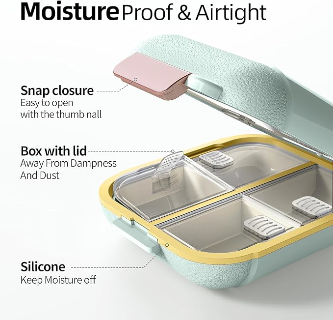 Portable Pill Organizer, Pill Box with 7 Compartments, Small Pill Case for Travel, Daily Medicine Pill Organizer with Air-Tight Lid, BPA-Free Material Pill Container (Green)