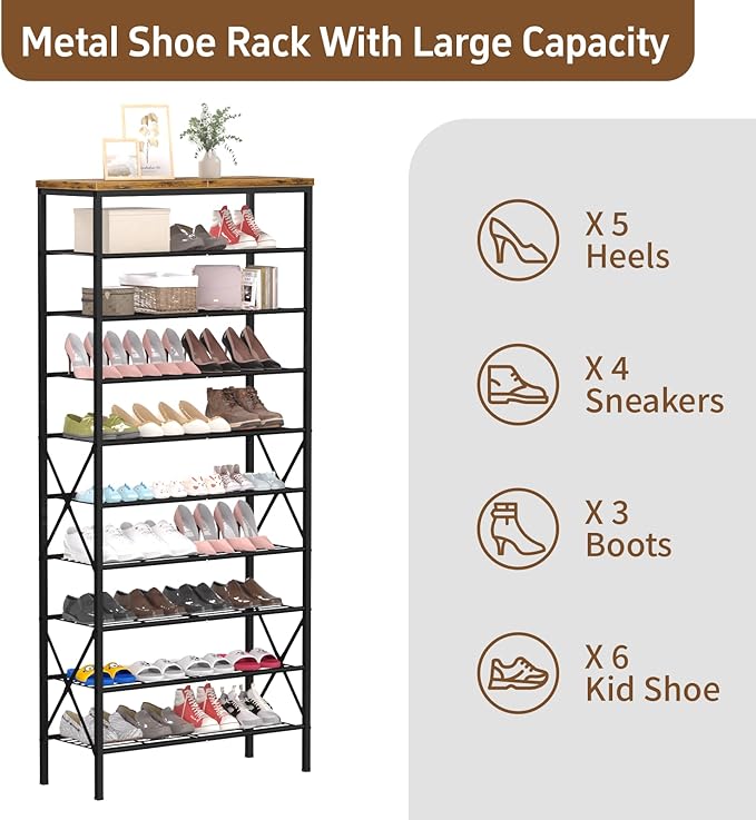 10-Tier Tall Shoe Rack, Large Capacity Shoe Shelf Holds 40-45 Pairs, Shoe Organizer for Entryway, Hallway, Living Room, Rustic Brown