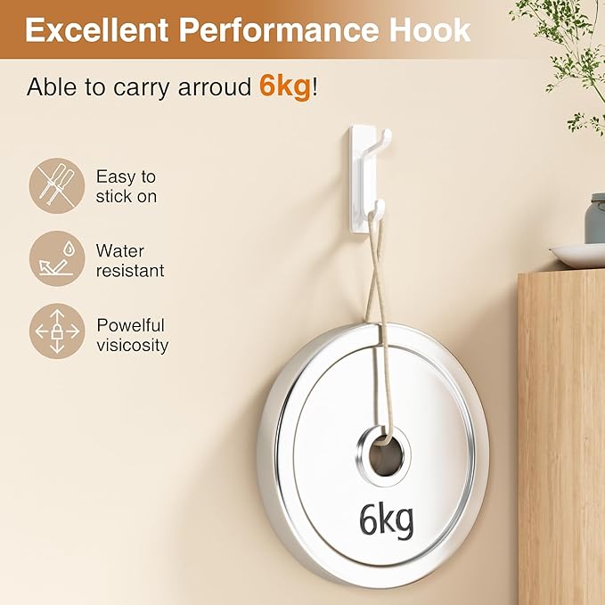 Self Adhesive Wall Hooks for Hanging: Extra Strong 13 LB, Hooks for Coats, Towels in Bathrooms, Showers, Kitchens, Walls, Doors, White, 6 Pack