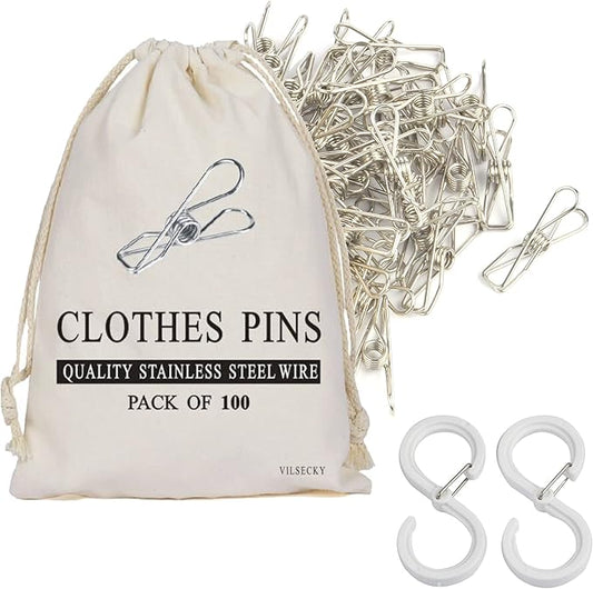 100 Pcs Clothespins Laundry Chip Clips - Durable Stainless Steel Clothes Pins,Heavy Duty Clamp Metal Wire Clothes Pegs with One Storage Bag & 2 Hooks,for Outdoor Clothesline Home Kitchen Office