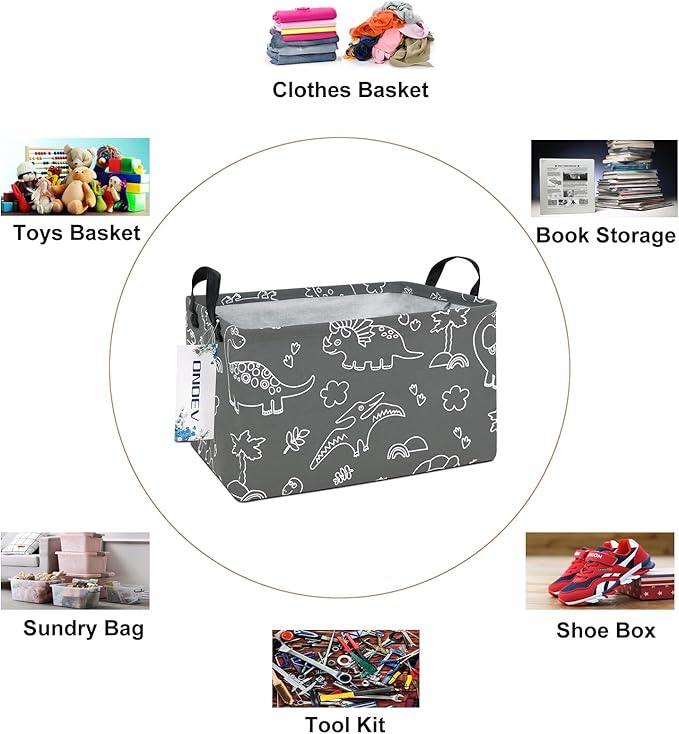 Rectangular Dinosaur Basket Waterproof Storage Bin Gift Box Children's Toy Organizer Box Room Decoration Basket(Gray Line Dinosaur)