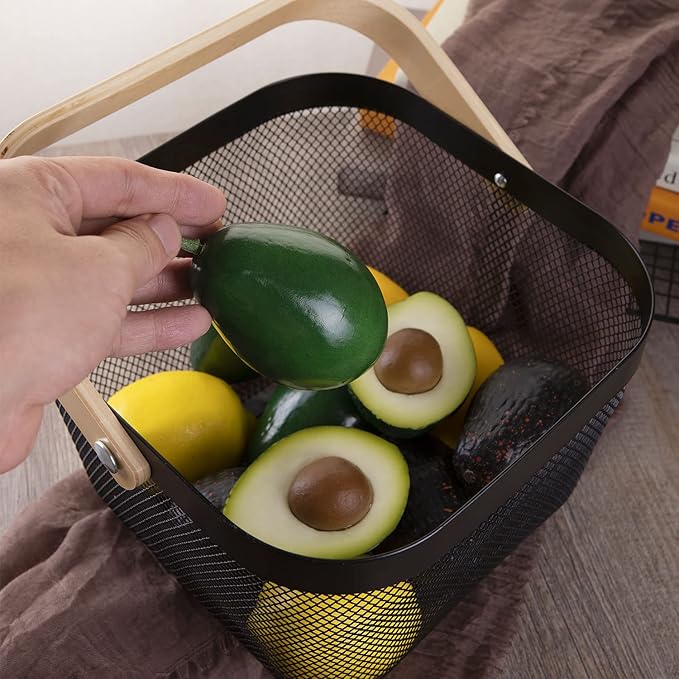 IBWell Square Metal Wire Woven Fruit Storage Bowl Basket with Wooden Handle, Large Black Mesh Fruit Stand, Multi-function Hanging Kitchen Baskets (Black, Normal)