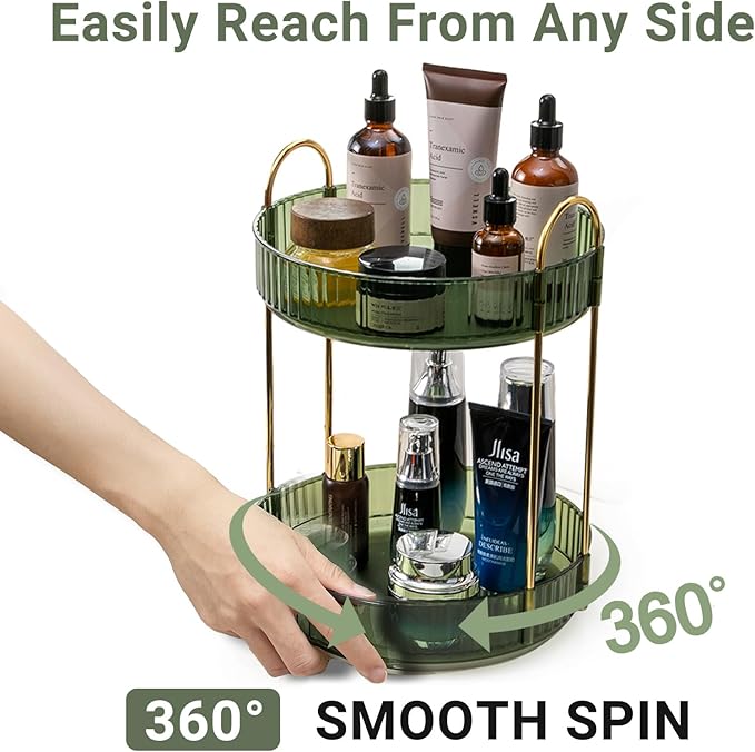 360 Rotating Makeup Organizer for Vanity, 2 Tier Large Capacity Skincare Organizers, Bathroom Counter Organizer, Spinning Perfume Organizer & Vanity Organizer (Green-2 Tier)