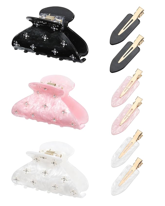 6PCS Acrylic Marbled Hair Claw Clips - Include No Bend No Crease Hair Clips and Medium Rhinestone Claw Clip, Cute Stylish Hair Accessories for Women Makeup, Strong Hold Non Slip for Thick Thin Hair