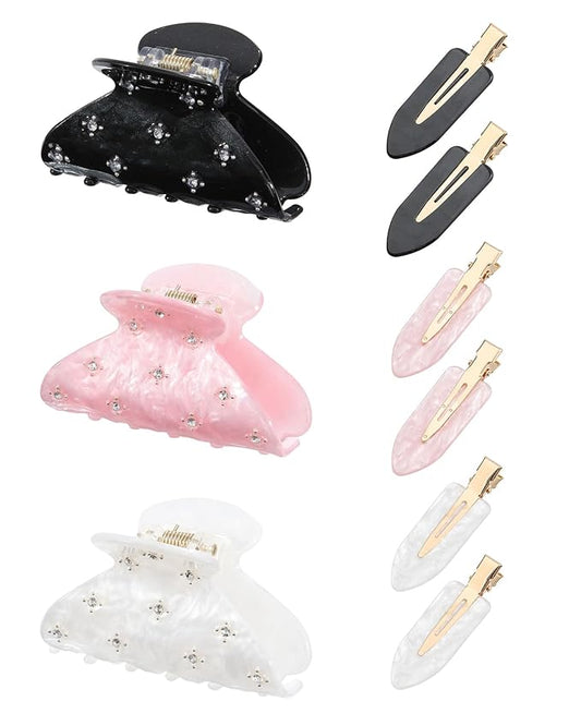 6PCS Acrylic Marbled Hair Claw Clips - Include No Bend No Crease Hair Clips and Medium Rhinestone Claw Clip, Cute Stylish Hair Accessories for Women Makeup, Strong Hold Non Slip for Thick Thin Hair