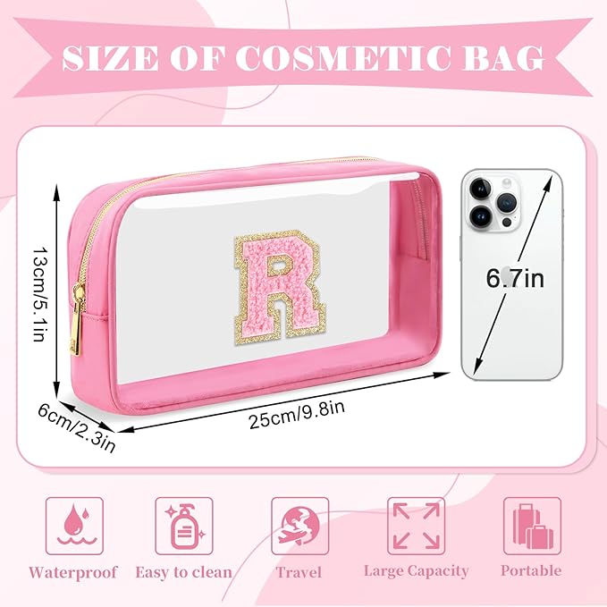 Personalized Initial Letter Clear Makeup Bag, Preppy Small Nylon & PVC Cosmetic Zipper Bag with Chenille Letter, Portable Beach Travel Skincare Toiletry Bag, Trendy Monogram Gift for Teen Girls Women, R
