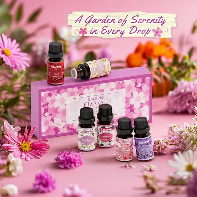 SALKING Floral Essential Oils Set, Premium Pure and Natural Essential Oils, Fragrance Oil Scented Oils for Oil Diffusers 6 x 10 ML - Lavender, Rose, Jasmine, Cherry Blossom, Gardenia, Chamomile