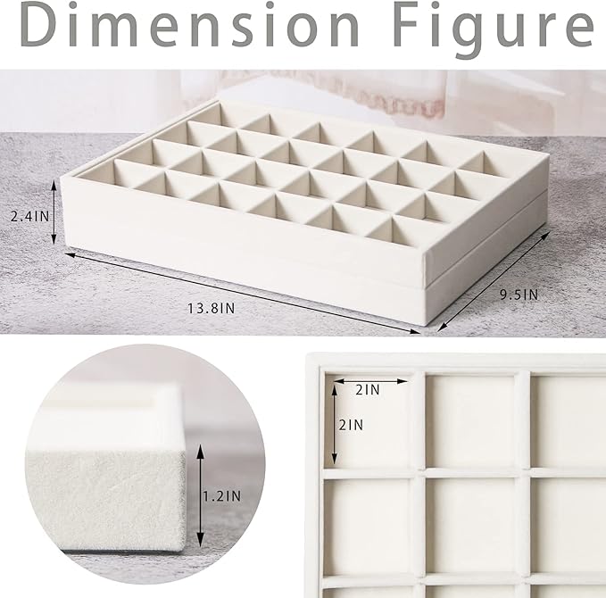 Coward 2PC Stackable 24 Grid Jewelry Organizer Tray Necklace Earring Box Storage Drawer Ring Bracelet Display Holder (beige(24grid+24grid))