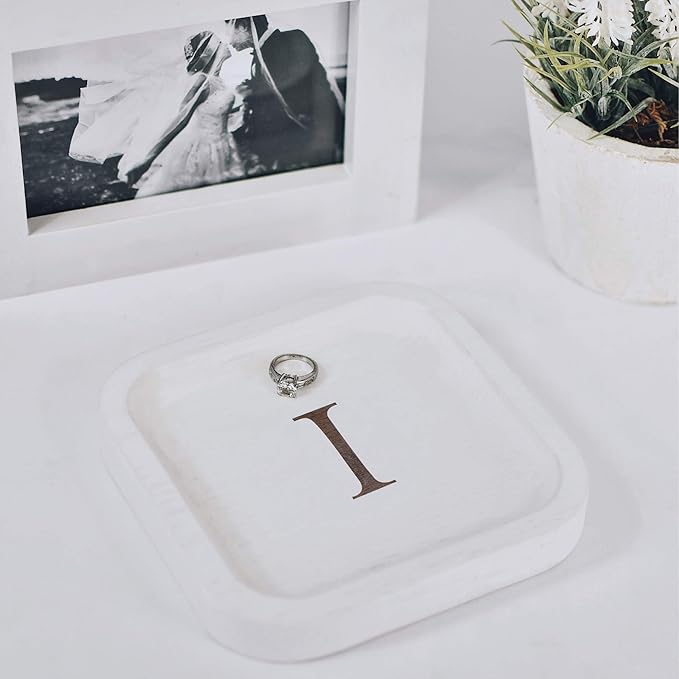 Wooden Personalized Letter Catchall Valet Tray Trinket Dish Jewelry Tray Key Bowl Decorative Plate Organizing Ring Earrings Necklaces Bracelet Watch Coins Wallet Holder (6"x6" Sq White "I")