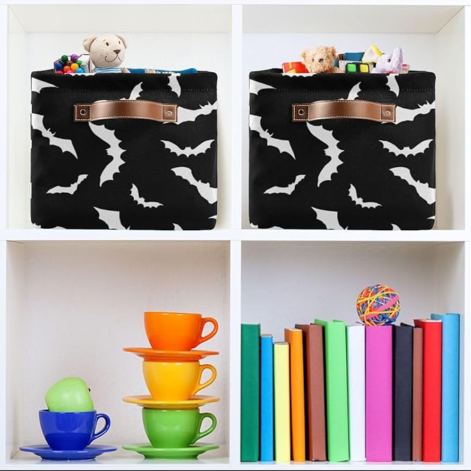 Halloween Black Bat Storage Basket Fabric Kitchen Baskets Spooky Happy Halloween Open Home Storage Bins Boxes Foldable Organizer Bag for Baby Cloth Pet Toy Book Shelf Closet Baskets 16×12×8 Inches