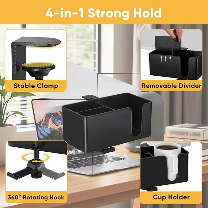 4-in-1 Clip On Desk Cup Holder - Adjustable Mountable Cup Holder with Divider & Rotating Hook - Large No Spill Clamp On Drink Holder Attachment - for Desk Chair Table Bed Tray - Black
