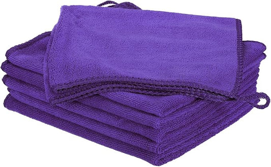 HARFINGTON 6 Pack Microfiber Cleaning Cloth, 14" x 14" Multi-Functional Cleaning Towels, Reusable Absorbent Rags with Hook for Car Wash, Kitchen, Household, Window Clean, Purple