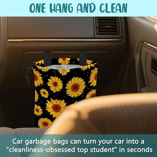 KXWQTRDD Car Garbage Bag Blooming Yellow Sunflowers Drawstring Car Trash Bag Hanging for Back Seat with Adjustable Buckle Canvas Vehicle Trash Can Easy-to-Install