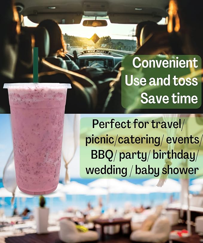 32 oz Clear Plastic Cups with Lids and STRAWS, Disposable Drinking Cups for Cold Drinks, Iced Coffee, Milkshakes, Smoothies, 25 Sets