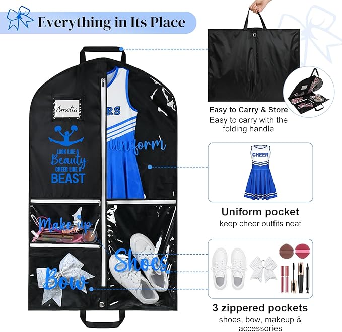 DEEKA Cheer Garment Bag for Hanging Clothes with Zipper Pockets Cheer Accessories Mom Essentials Uniform Costume 40 Inch Black Bags Stuff for Cheerleading Girls (Black,Blue-Cheer Quote)