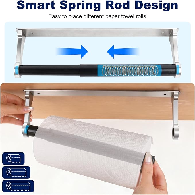 Paper Towel Holder Wall Mount Adhesive Paper Towel Holder Under Cabinet Toilet Roll Hanging Holders Rack for Kitchen Bathroom Garage Counter, Anti-Drop Upgraded Telescopic Rod Design Roll, Silver