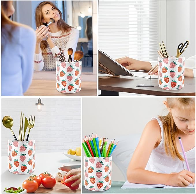 WAVEYU Pen Holder for Women Girls, Pencil Cup Pink Desk Decor, Makeup Brush Holder Large Pu Leather Multi-Functional Organizer Cup for Office, Classroom, Home, Strawberry