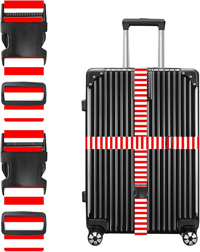 Nuxovilar Luggage Straps for suitcases red White Vertical Stripe Polyester 1.96x90.5inch 2 Set Suitcase Cargo Strap Travel Accessory Airport Hotel Road Trip