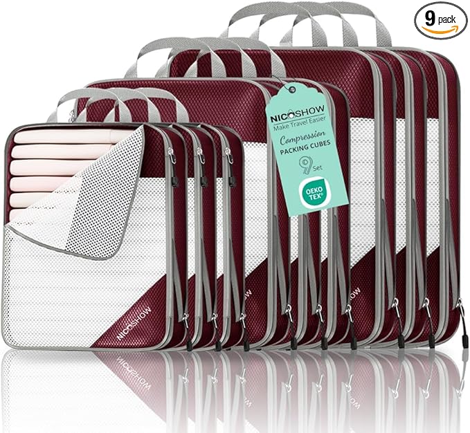 9-Piece Compression Packing Cubes for Travel - Compressible, Lightweight, and Space-Saving Packing Cubes, Travel Essentials for Women, Wine