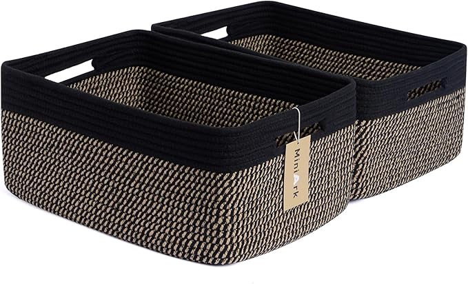 MiniArk Large Storage Baskets for Shelves, Closet Organizer Bins for Clothes, Blankets, Towels, Baby Nursery, Toy Baskets Box, Woven Rope Baskets, 17 x 13 x 7.5”, 2 Packs Woven Brown